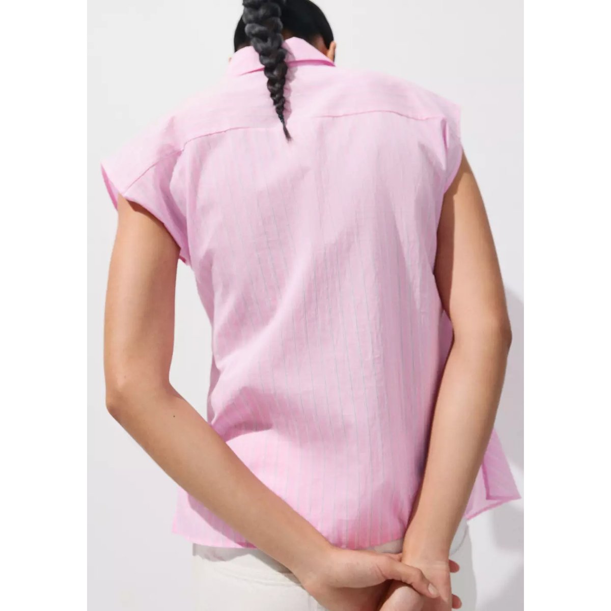 Chemise en coton à rayures avec lien à nouer rose, MANGO