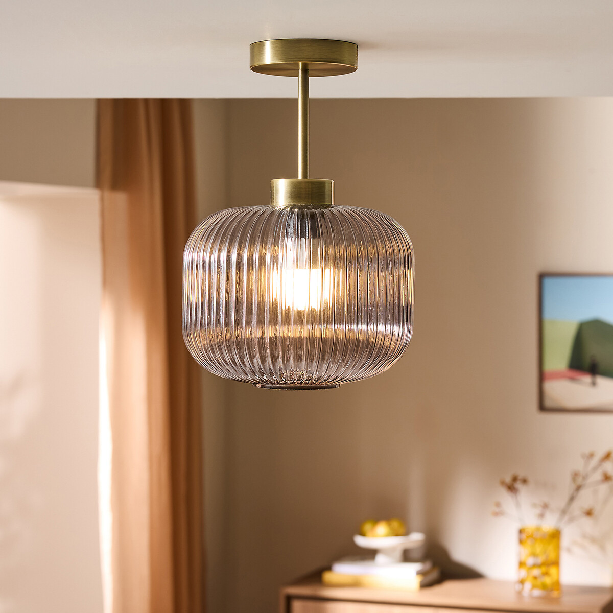 MADE.COM Briz Ribbed Glass Semi-Flush Ceiling Light smoke grey, MADE