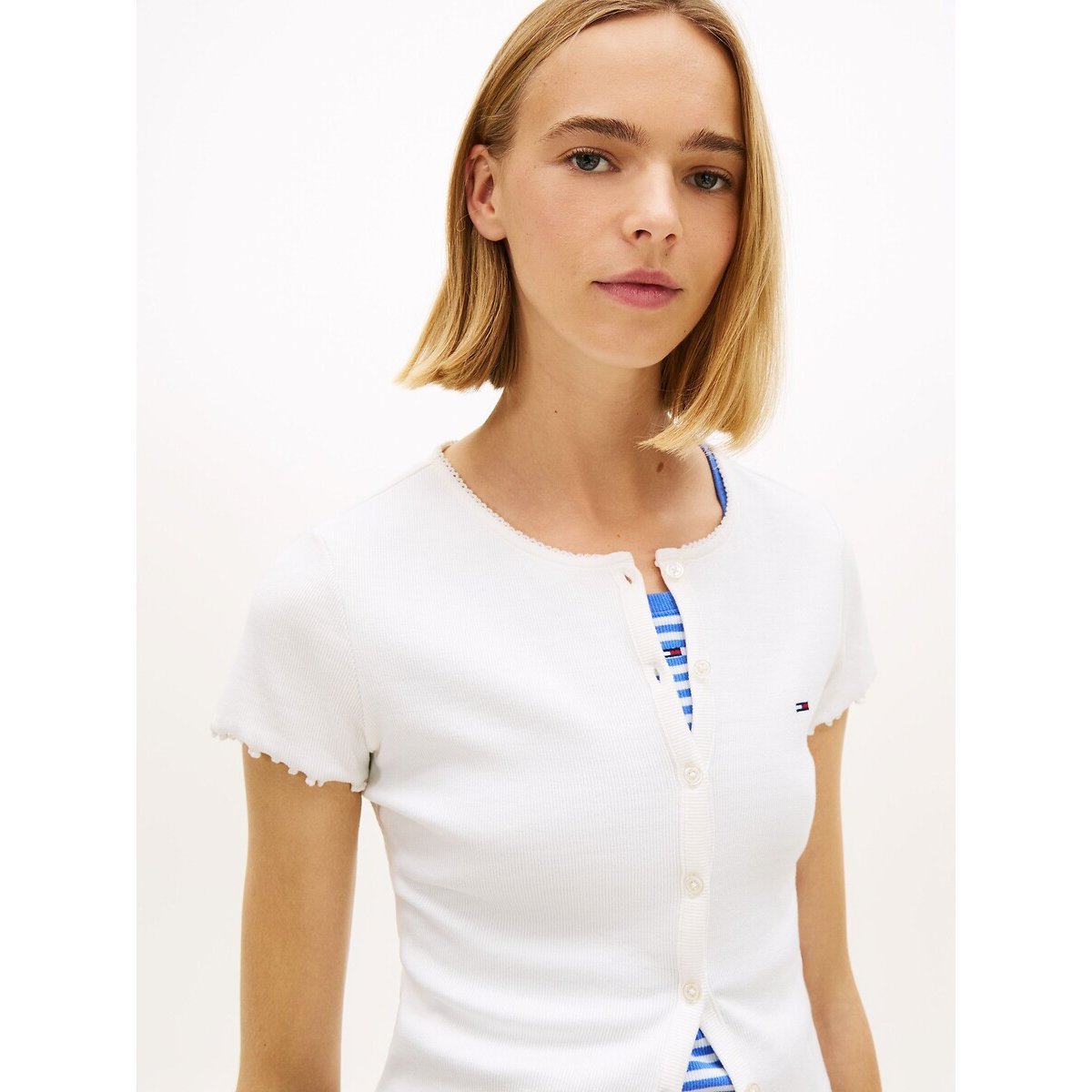 Crew Neck T-Shirt with Button Sleeves ecru , TOMMY JEANS