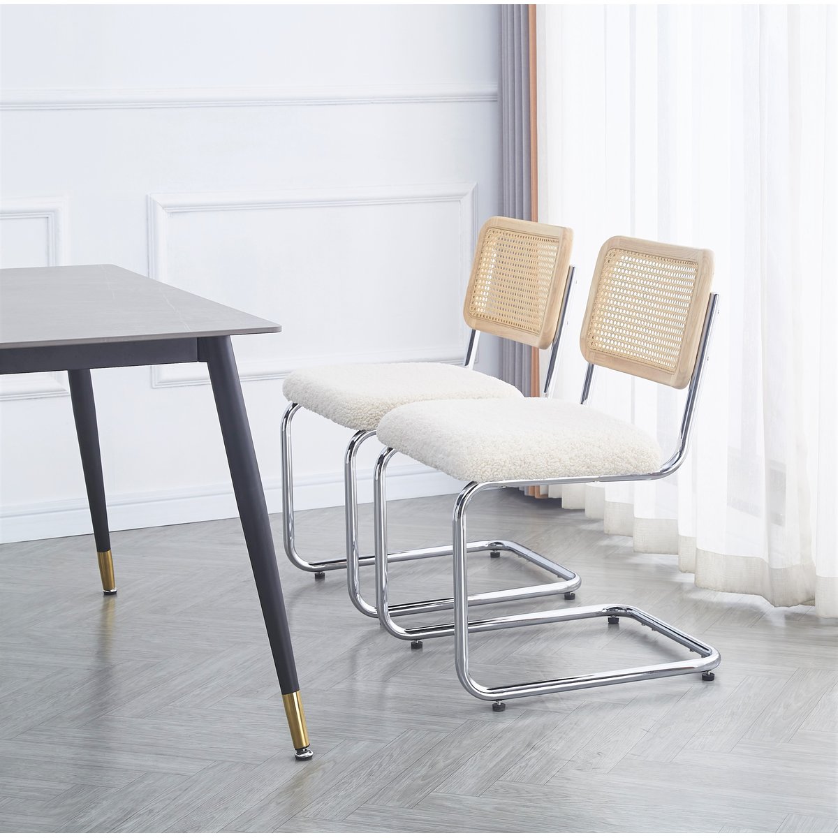 Lot de 2 chaises bouclette et cannage, SOFIA blanc cassé, NORDLYS