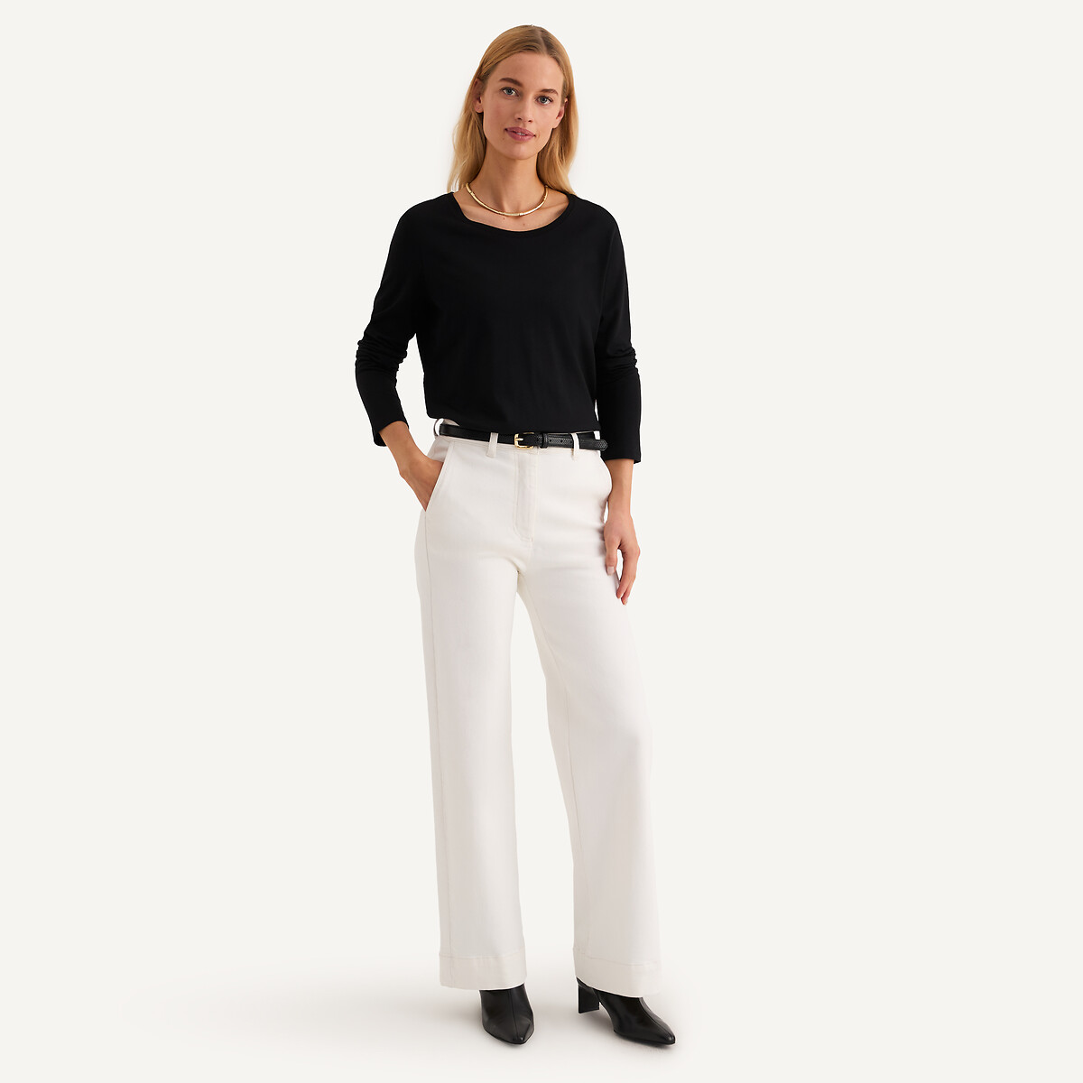 T-shirt col rond manches longues, coton modal noir, ANNE WEYBURN