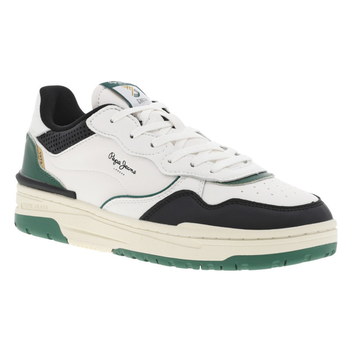Sneakers blanches et vertes à semelle plate avec lacets plats et logos embossés blanches, PEPE JEANS