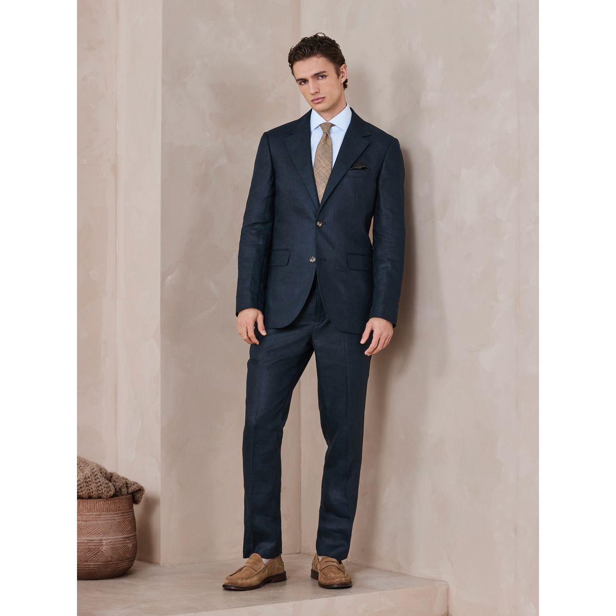 Pantalon de costume ajusté lin bleu, NEXT