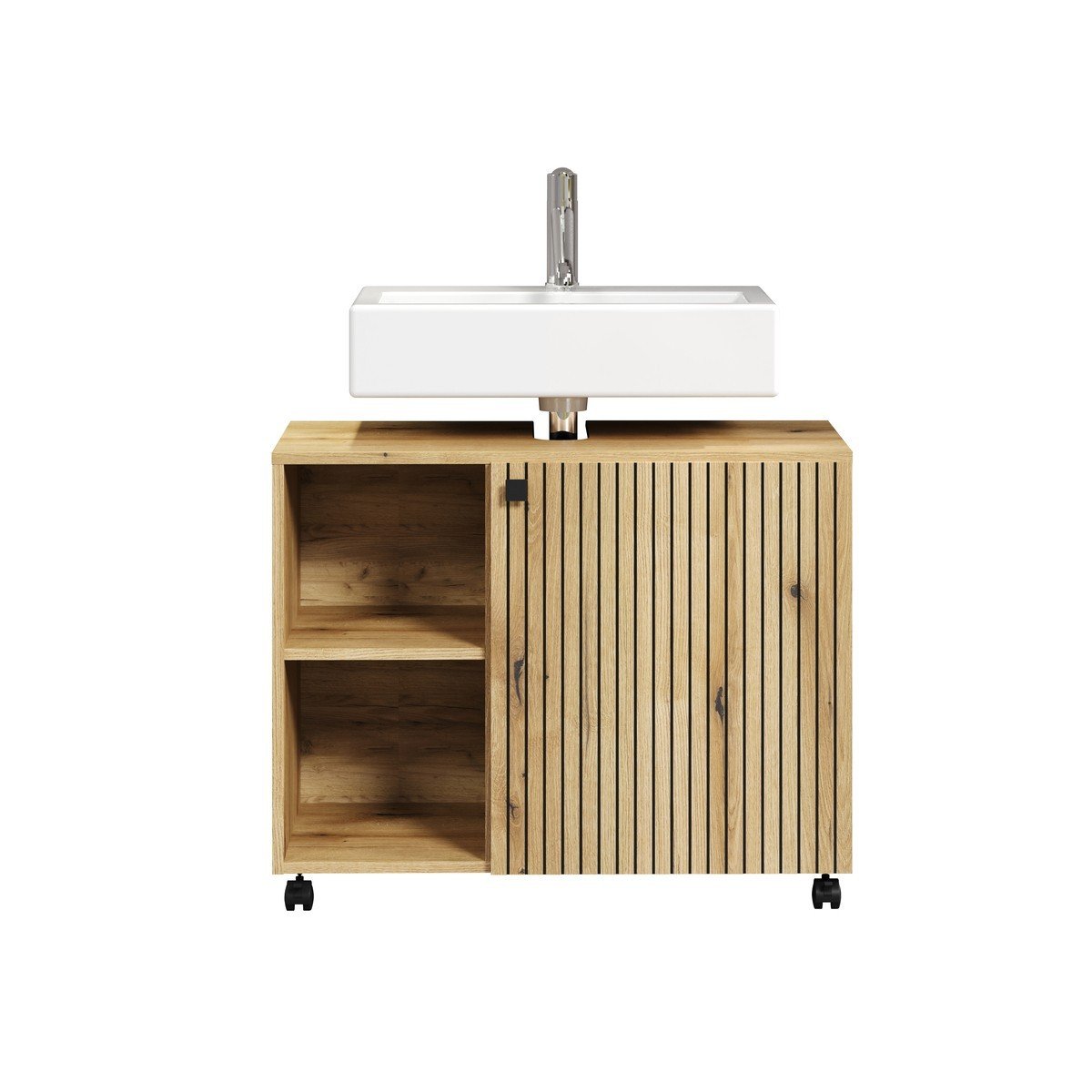 Meuble sous vasque sur roulettes 1 porte et 2 niches L80 cm - PUREBLISS chêne blond et noir mat, CALICOSY