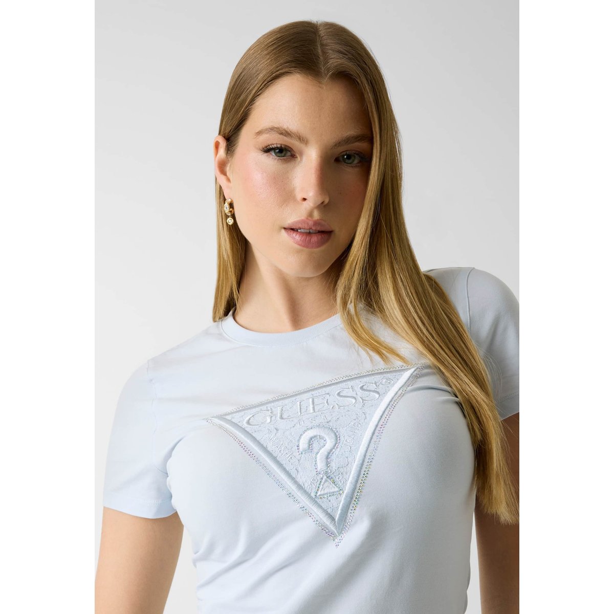 T-Shirt Logo Triangle En Dentelle bleu clair, GUESS