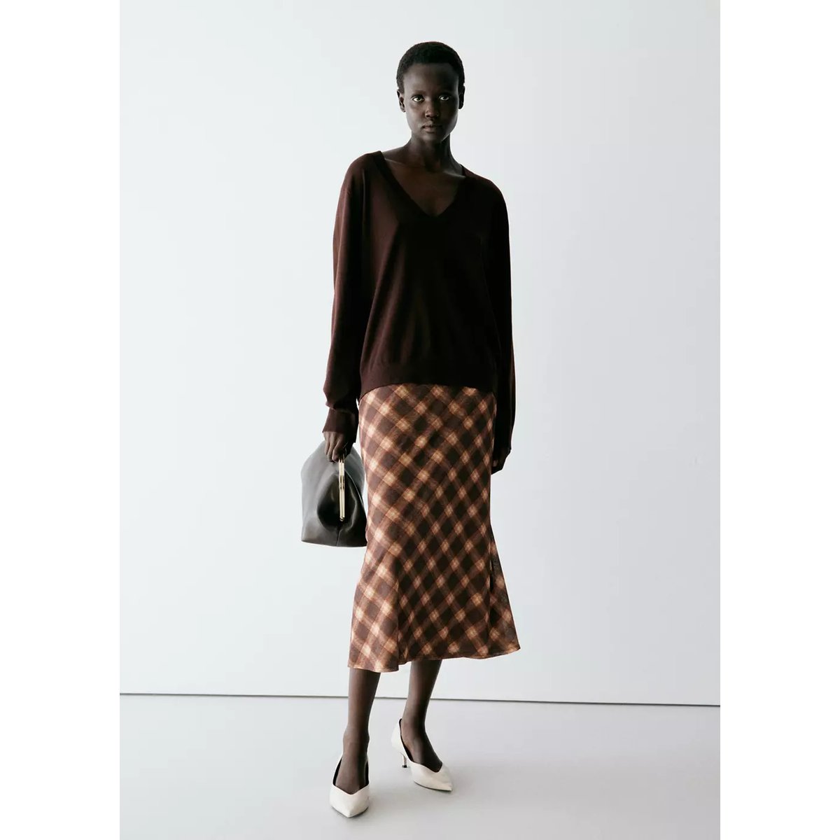 Jupe midi carreaux marron, MANGO