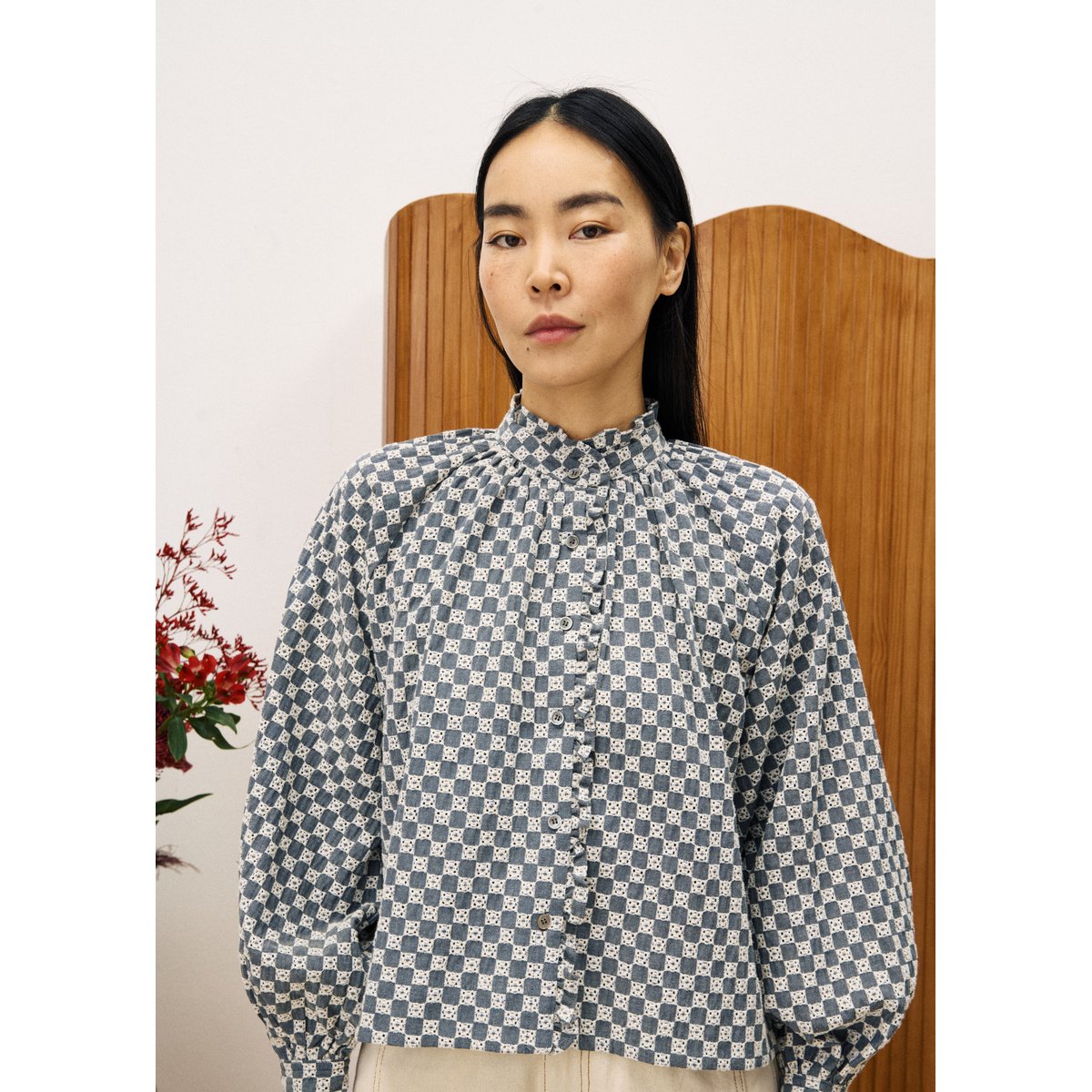 Chemise en coton col roulé ZINNIA bleu jean, FRNCH