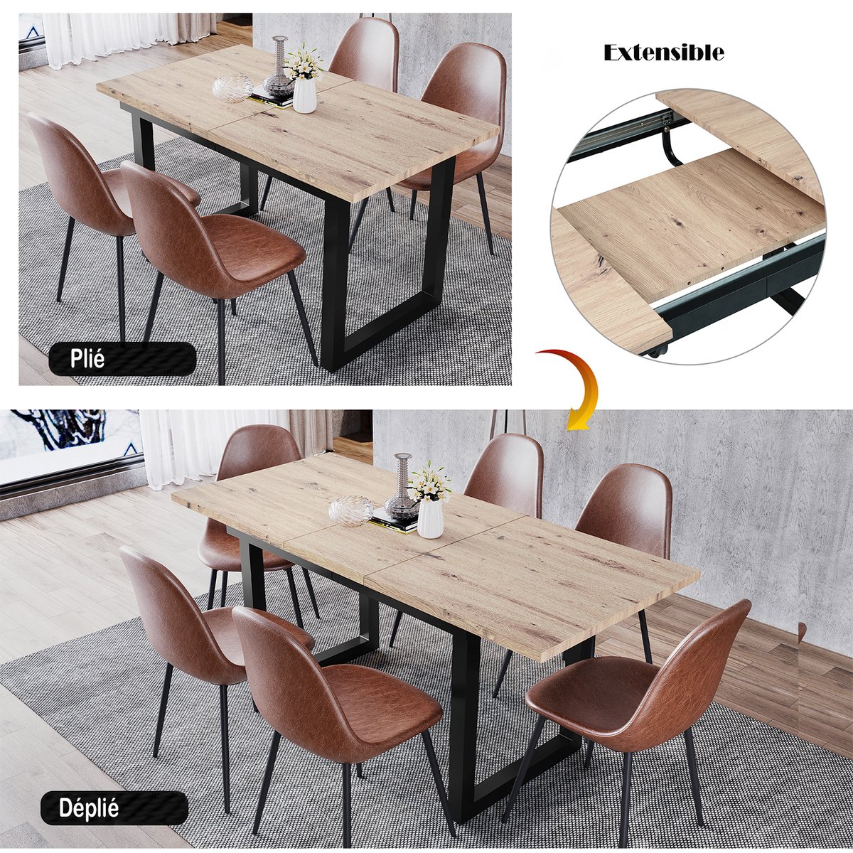 Table à manger extensible à allonge papillon intégrée, VEXAA chêne, MEUBLES COSY