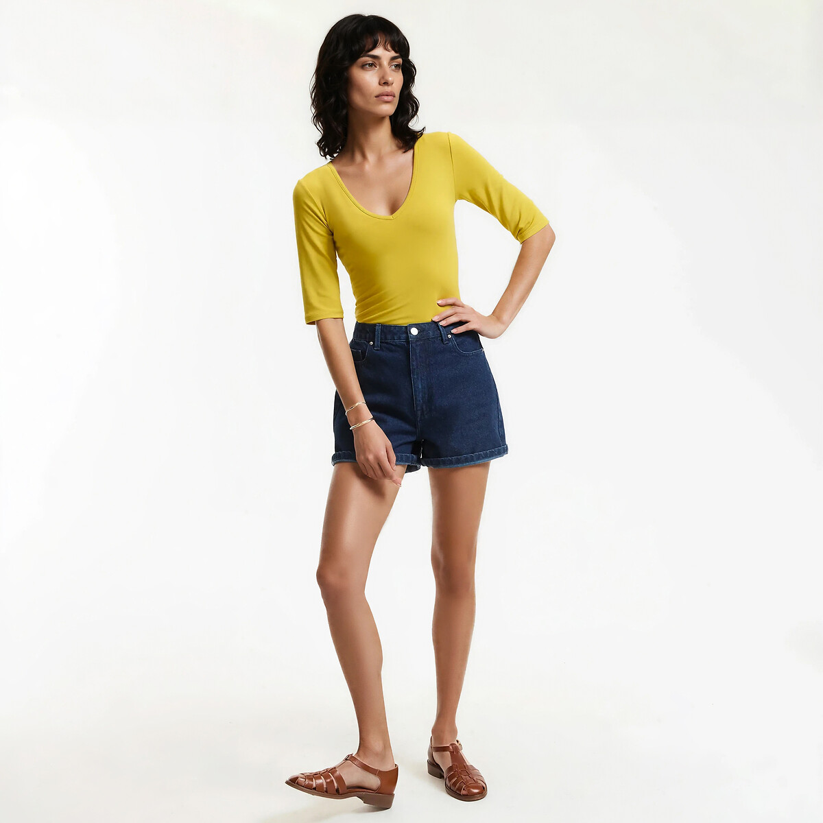 T-shirt col V manches courtes vert bronze, LA REDOUTE COLLECTIONS