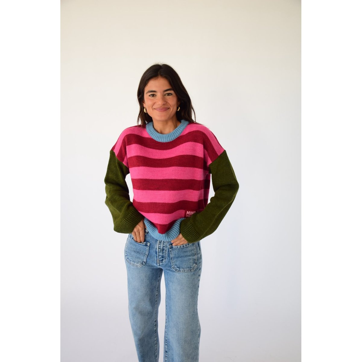 Pull rayé manches contrastées ABRIL rose / bordeaux, MINDTRAVELER