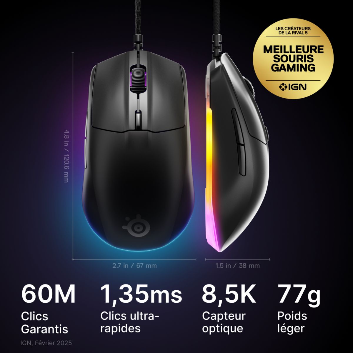 Souris Gamer Filaire Rival 3 Gen 2 Noir couleur unique, STEELSERIES