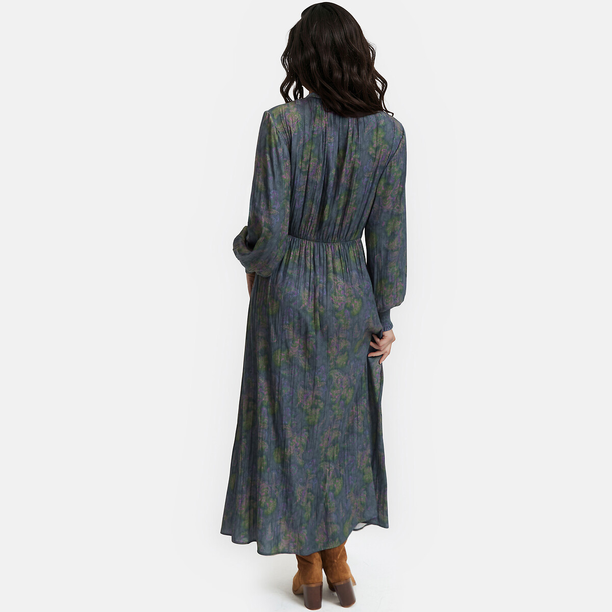 Abito lungo, maniche lunghe, stampa cachemire fantasia fondo kaki, LA REDOUTE COLLECTIONS