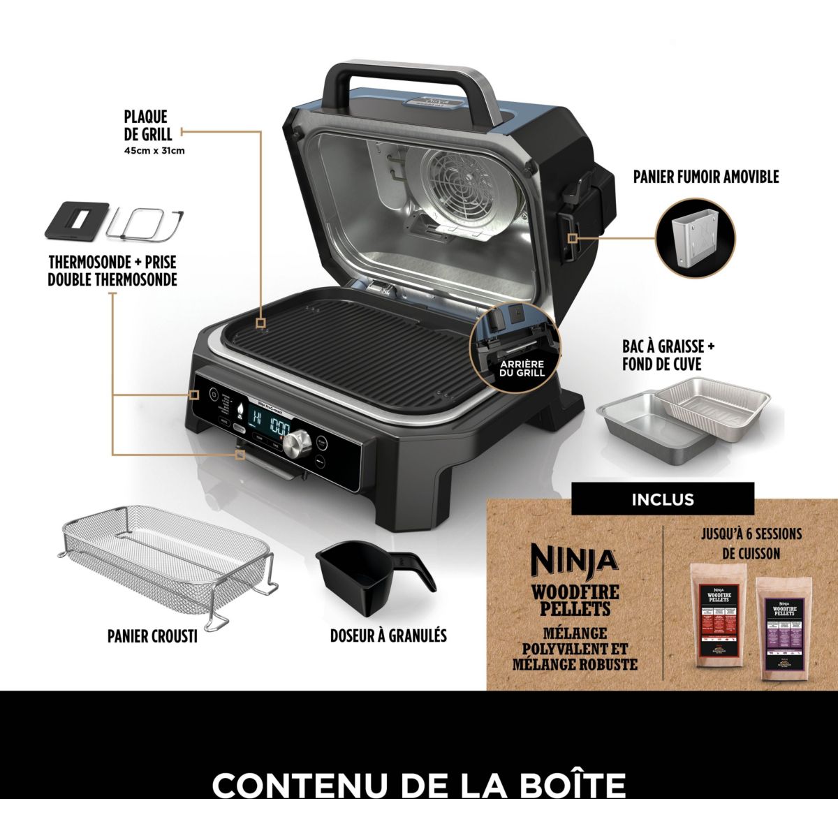 Barbecue électrique OG901EU Woodfire pro connect à poser, 44.5x26.5 cm couleur unique, NINJA