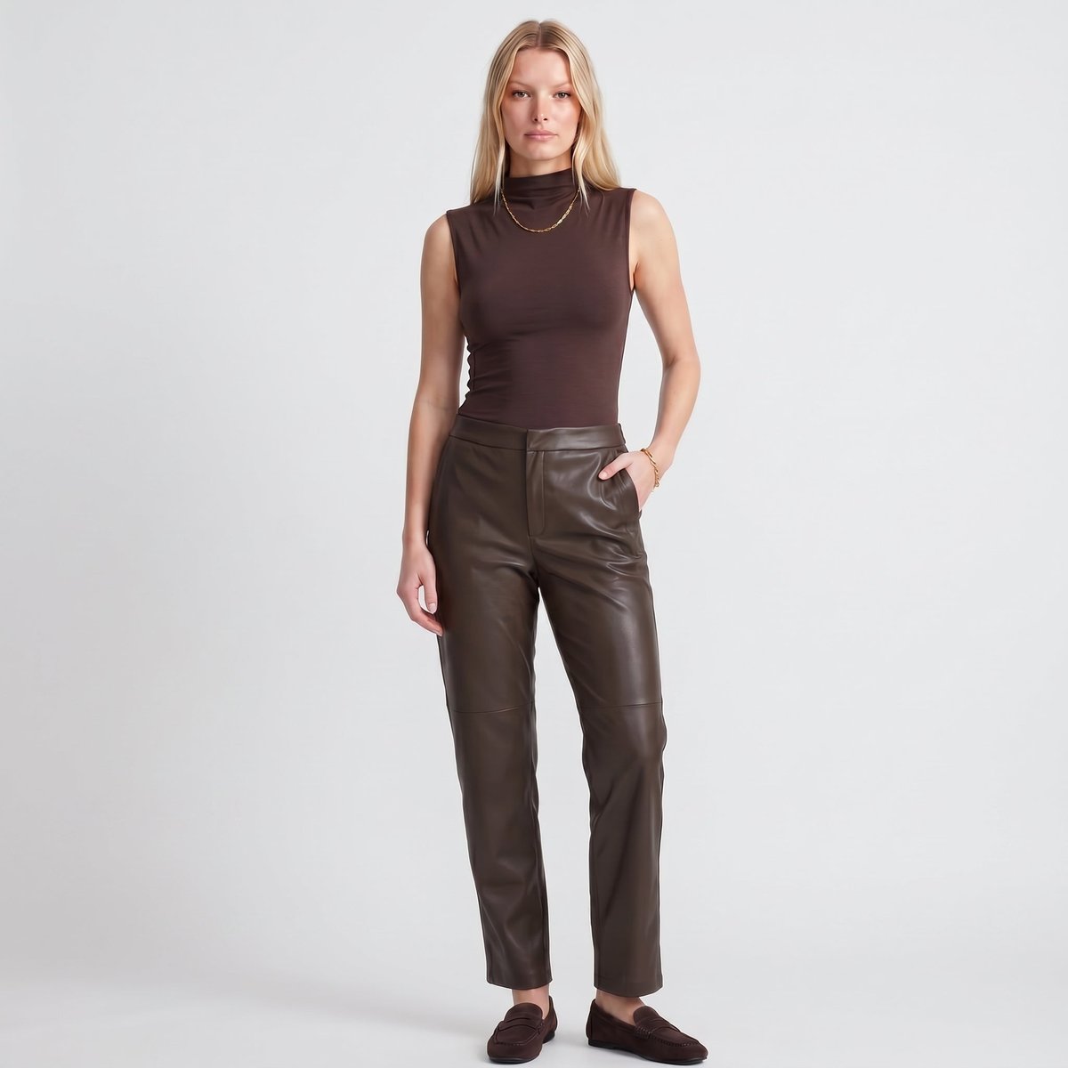 Pantalon cigarette simili-cuir avec ceinture semi-élastique JORDANA marron, ARTLOVE