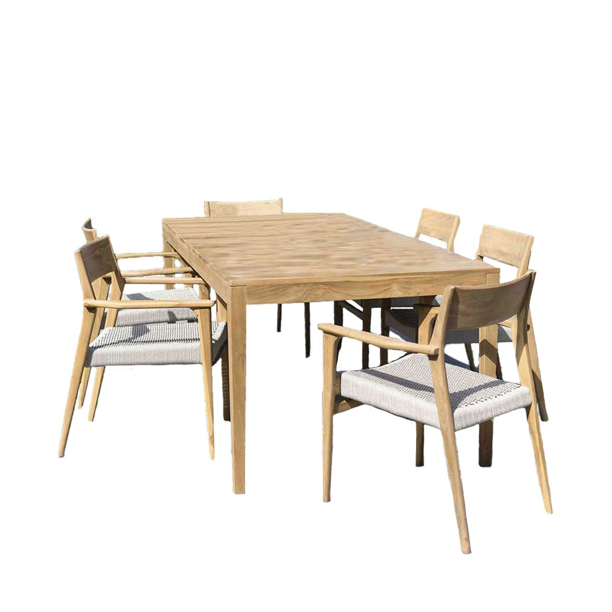Ensemble teck massif, 8 fauteuils CALVI naturel et cordage beige, WILSA GARDEN