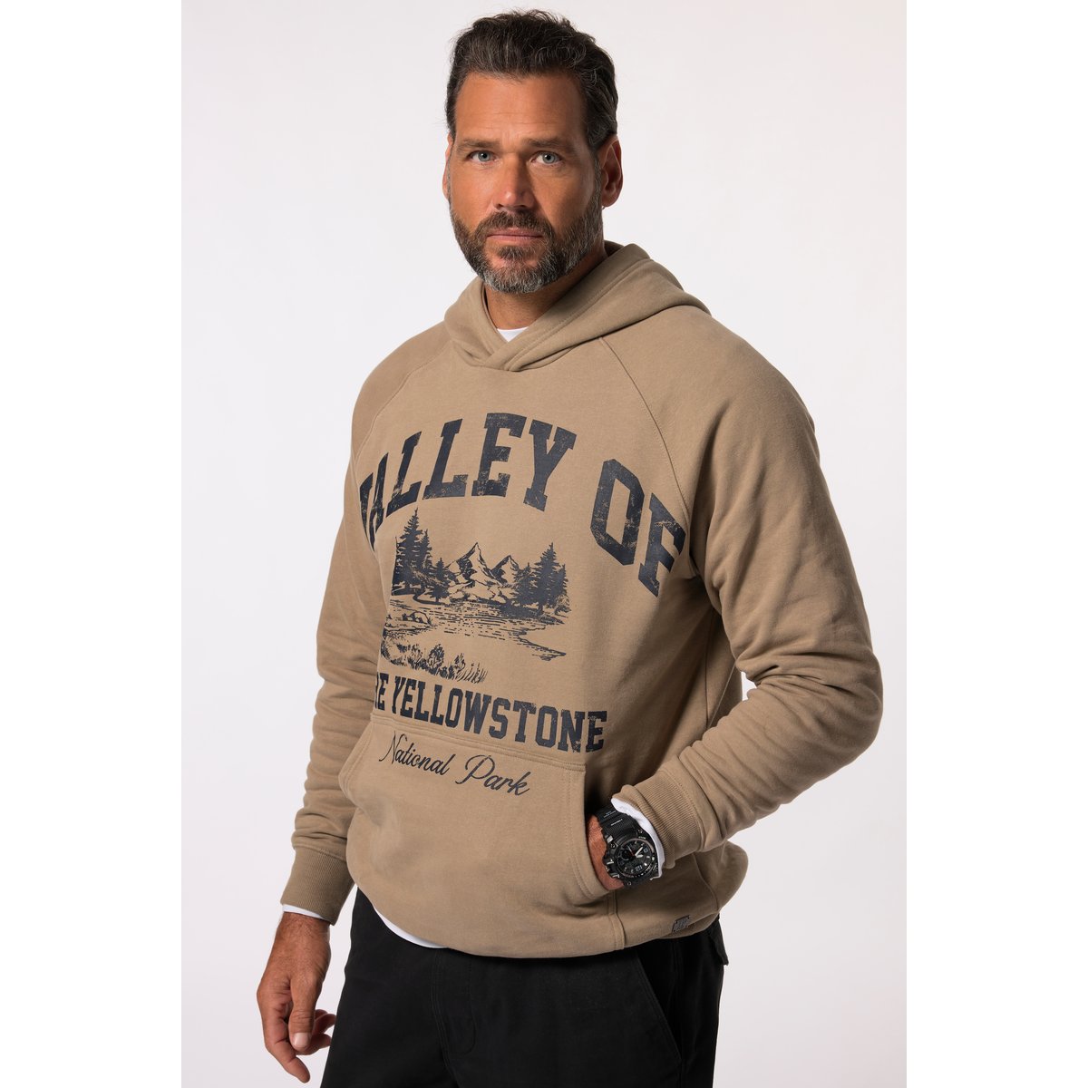 Sweat-shirt à capuche, avec poche kangourou beige foncé, JP1880