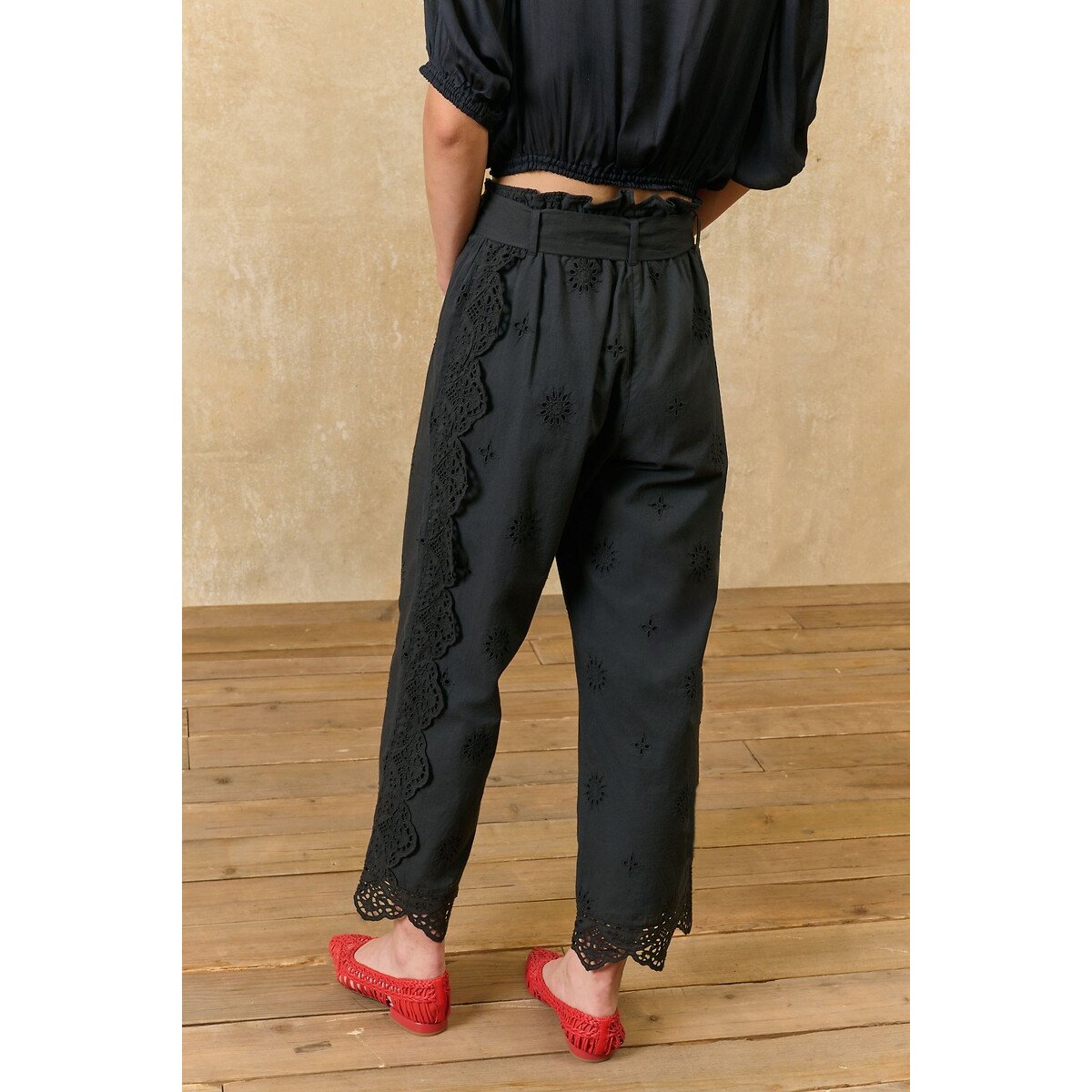 Pantaloni dritti ricamati, ABUELA nero , LOUISE MISHA