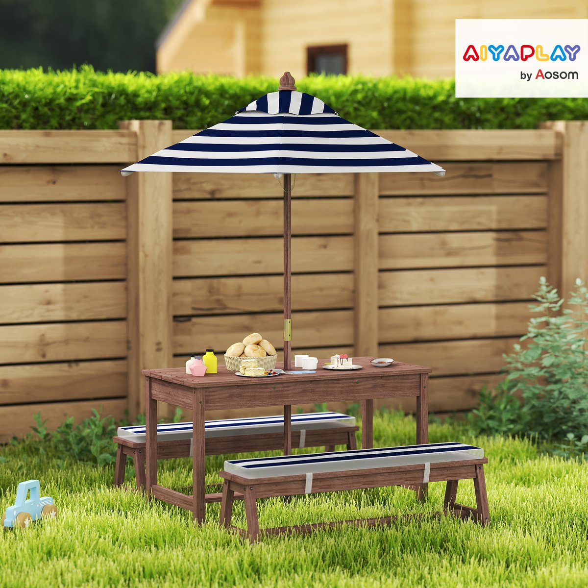 Ensemble de table et chaises de jardin pour marron, bleu et blanc, AIYAPLAY