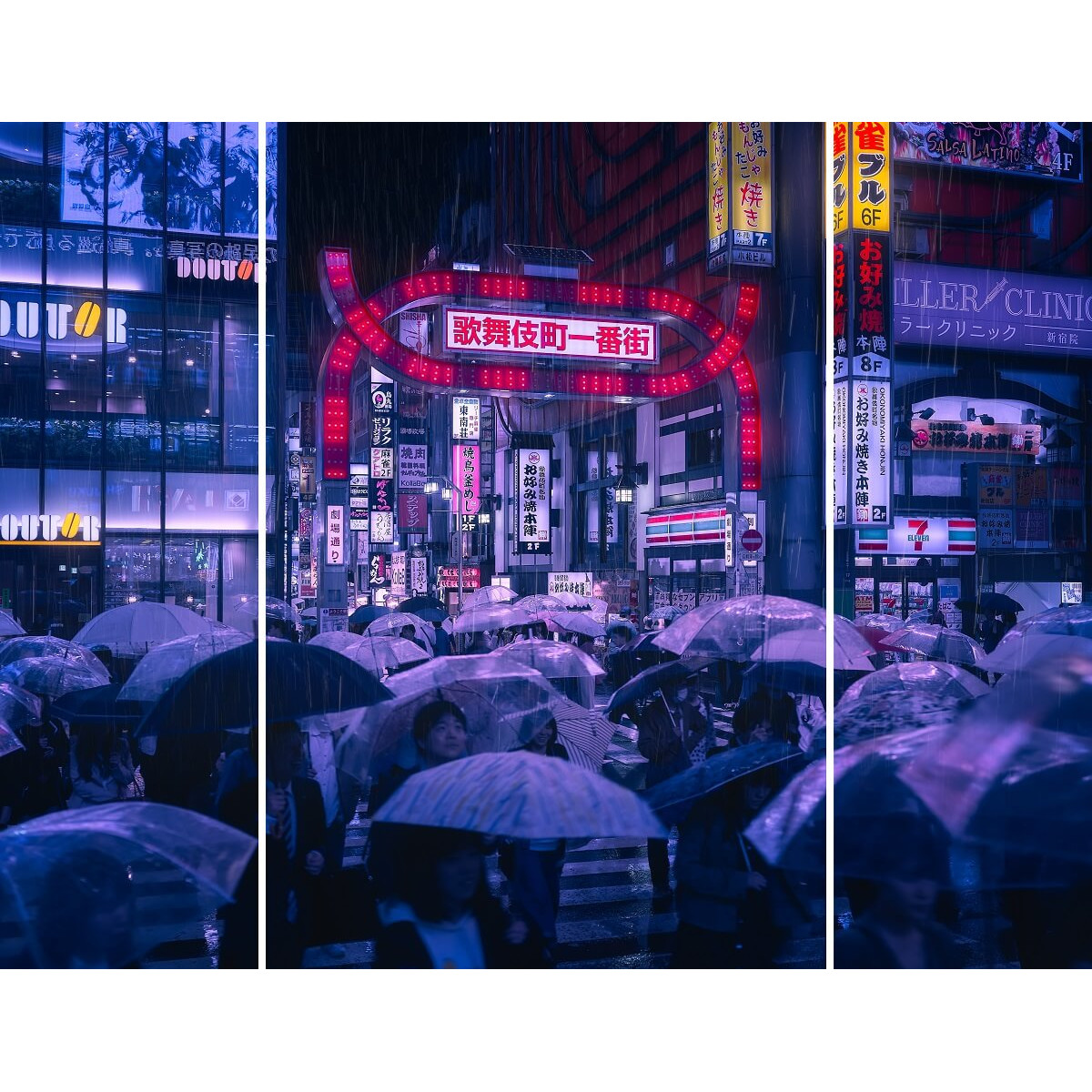 Triptyque Mural Tokyo Blue Rain 125x97 Cm ILLUSION tableaux sur toile-violet, CEANOTHE