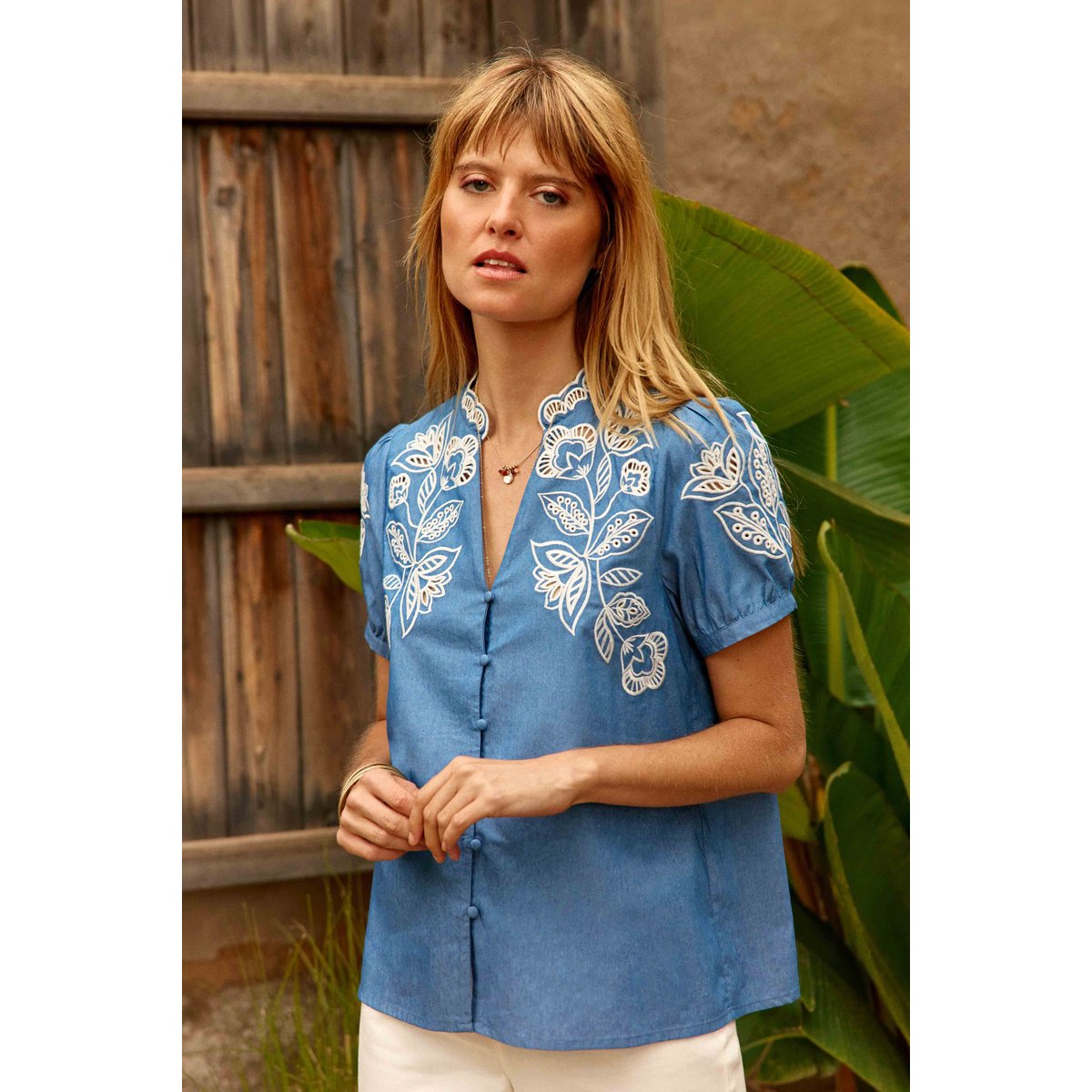 Blouse manches courtes col v imprimé floral TENCY 24-chambray, LA PETITE ETOILE