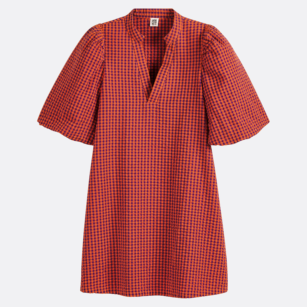 Mini V-Neck Dress with Gingham Checks and Balloon Sleeves purple/orange, LA REDOUTE COLLECTIONS