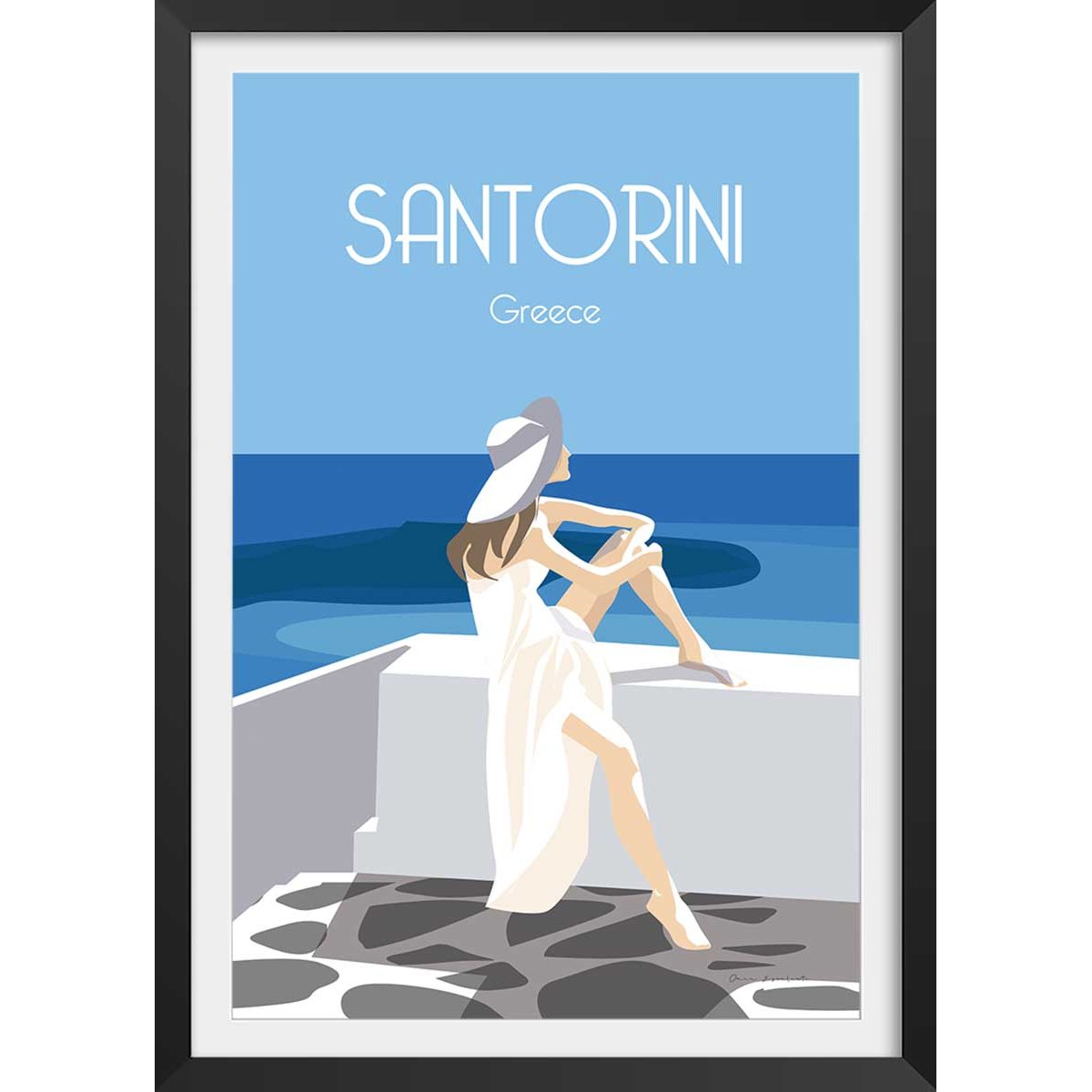 Affiche voyage le bleu de Santorin affiche + cadre en bois - noir, HEXOA