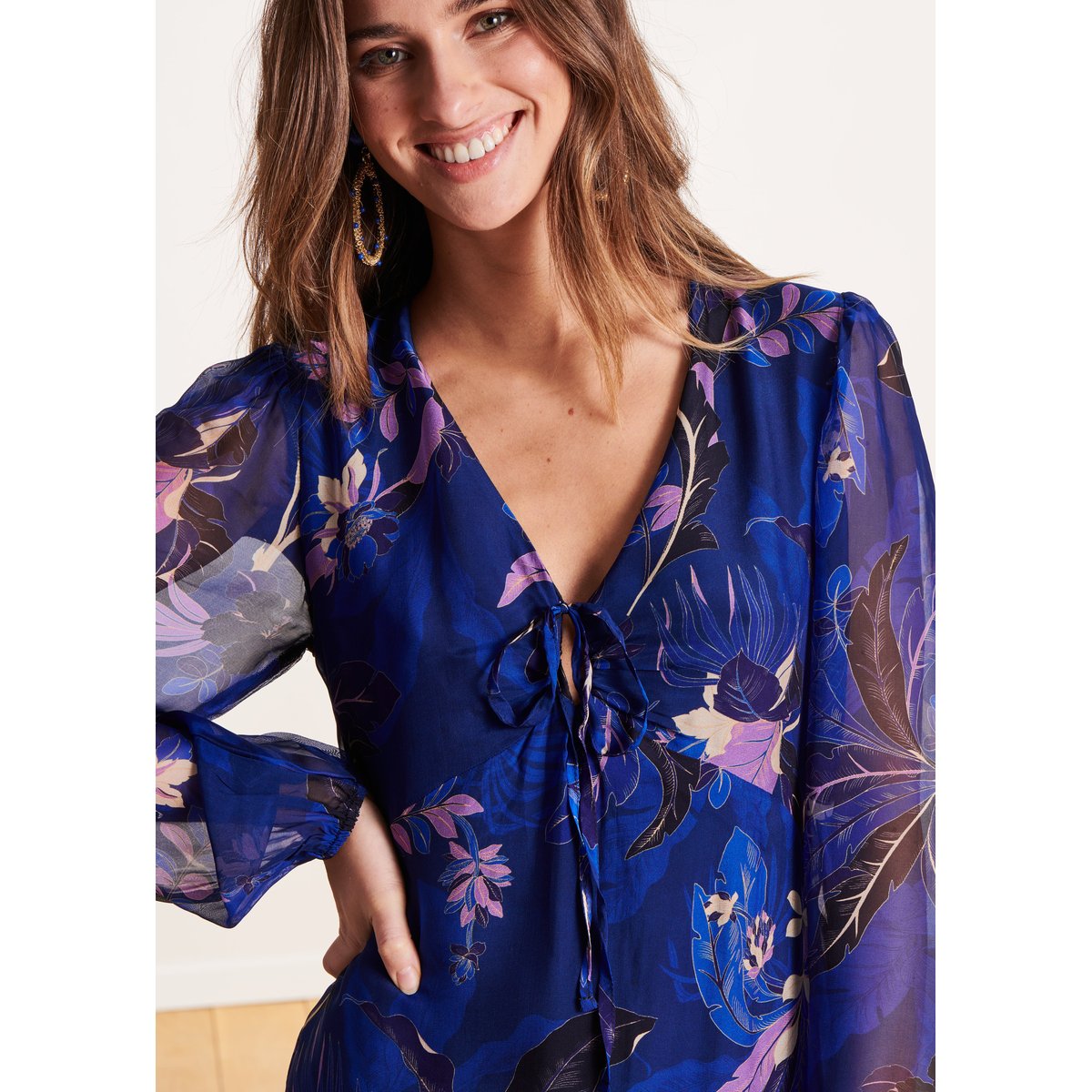 Robe longue en voile viscose/soie à imprimé bleu stone, LA FEE MARABOUTEE