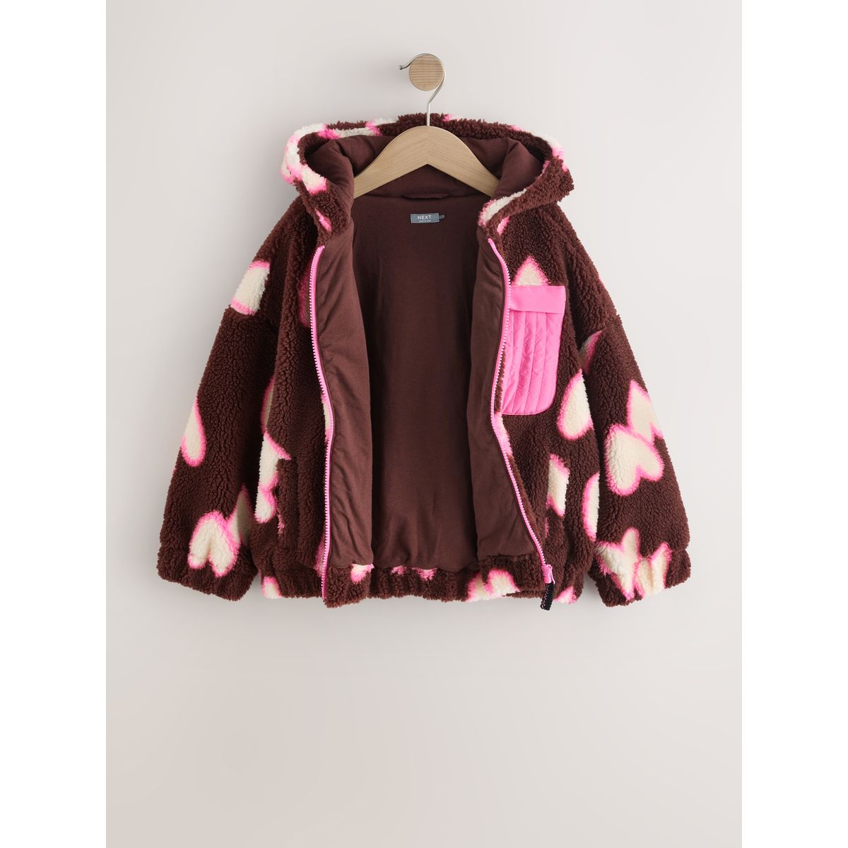 Veste à capuche zippée en peau lainée cœur marron/rose, NEXT