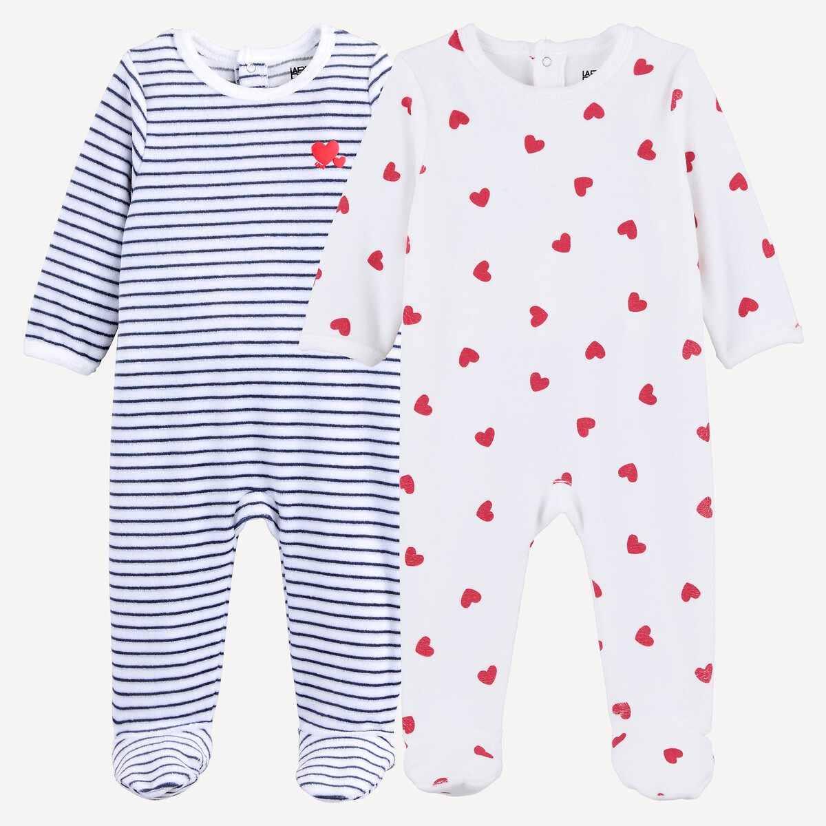 Lote de 2 pijamas de una sola pieza, con pies, de terciopelo, estampados con motivos de corazones y azul marino/crudo/rojo, LA REDOUTE COLLECTIONS