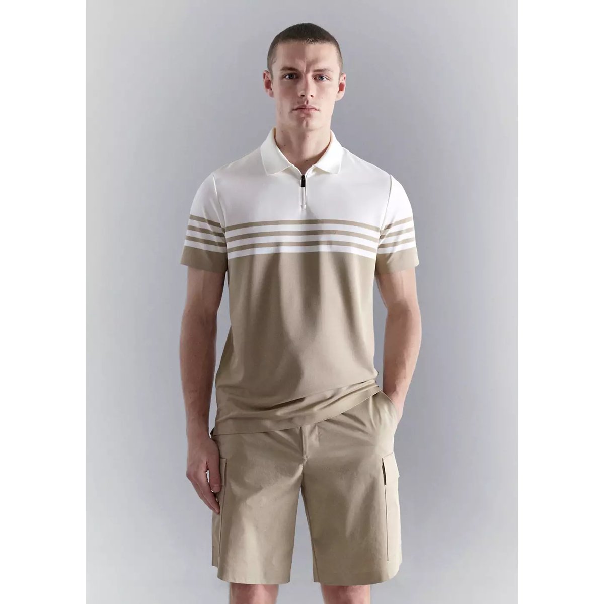 Polo bicolore col zippé beige, MANGO MAN