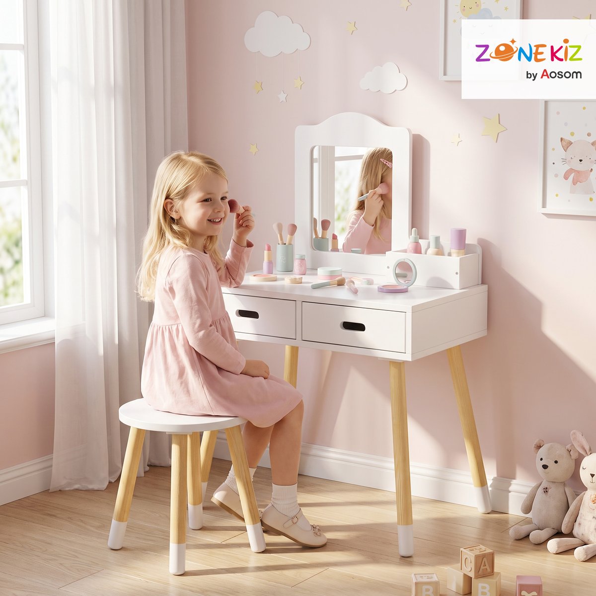 Ensemble de coiffeuse pour enfants MDF blanc et bois, ZONEKIZ