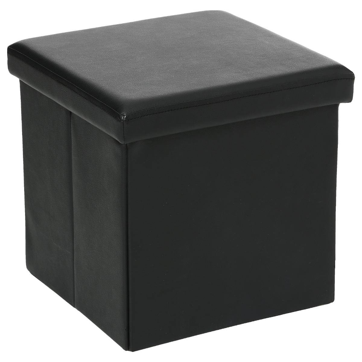 Pouf pliant coffre de rangement aspect cuir AKENO noir, ATMOSPHERA