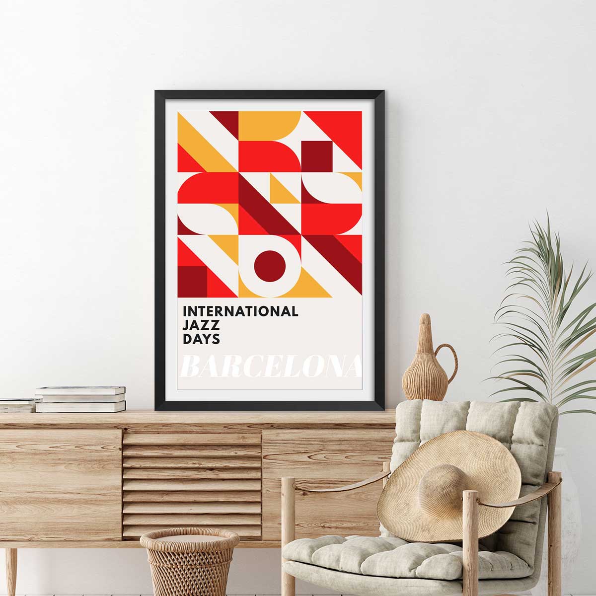 Poster international jazz days barcelona affiche + cadre en bois - noir, HEXOA
