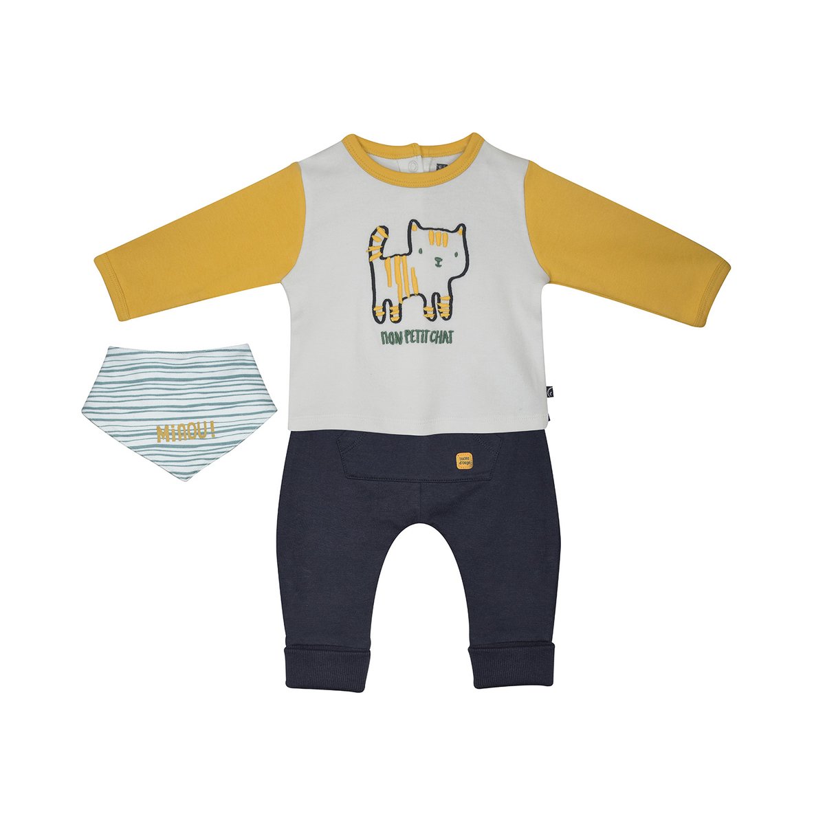 Tee shirt + pantalon + bavoir far gris, SUCRE D'ORGE