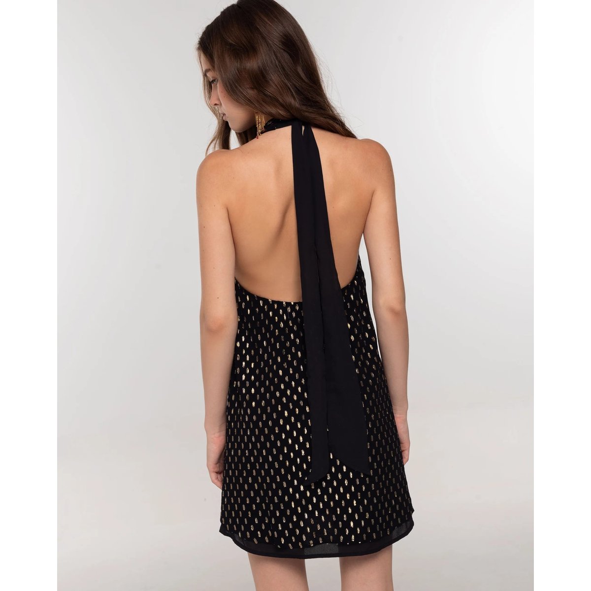 Robe midi noire avec nœud au cou et détails dorés noir, THE-ARE