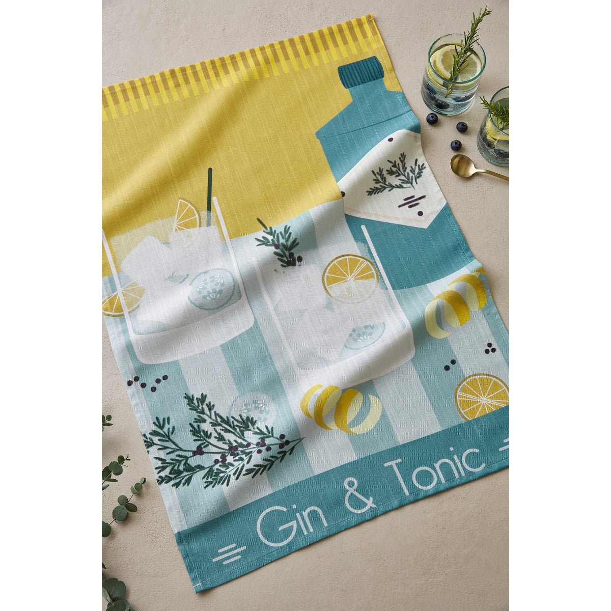 Torchon imprimé en coton et lin GIN TONIC bleu, COUCKE