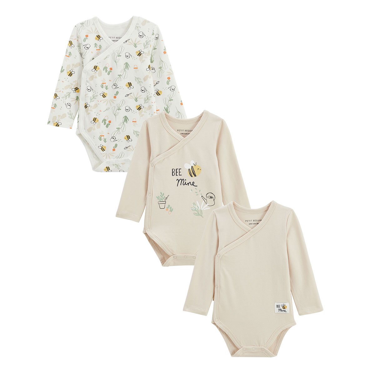 Lot de 3 bodies bébé manches longues ouverture croisée Eden beige, PETIT BEGUIN