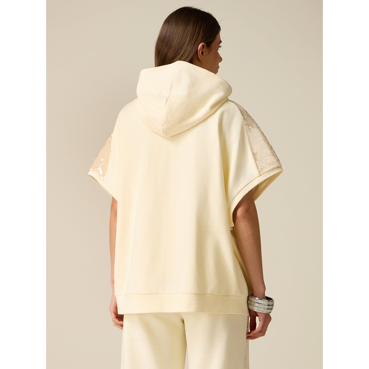 Sweat-shirt manches courtes avec paillettes crème, OLTRE