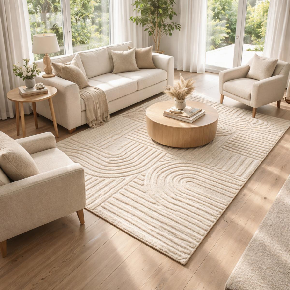 Tapis salon au motif géométrique en relief, moderne et élégant, NOOR crème, UN AMOUR DE TAPIS