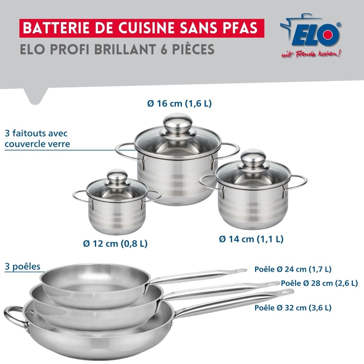 3 poêles 24/28/32cm + 3 faitouts 12/14/16cm PROFI BRILLANT gris, ELO