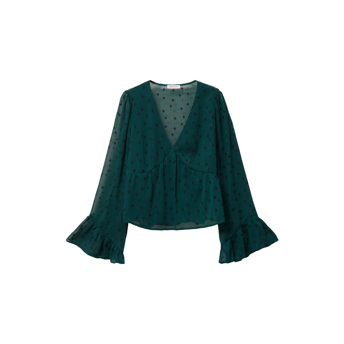 Blouse brodée volantée vert foncé, CACHE CACHE