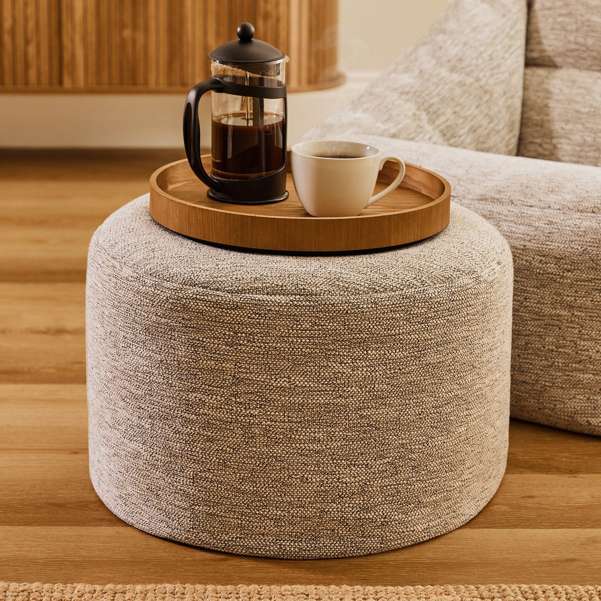 Pouf fauteuil salon et son repose-pied rond en tissu tissé Oeko-Tex® - NATALIA naturel beige, ICON