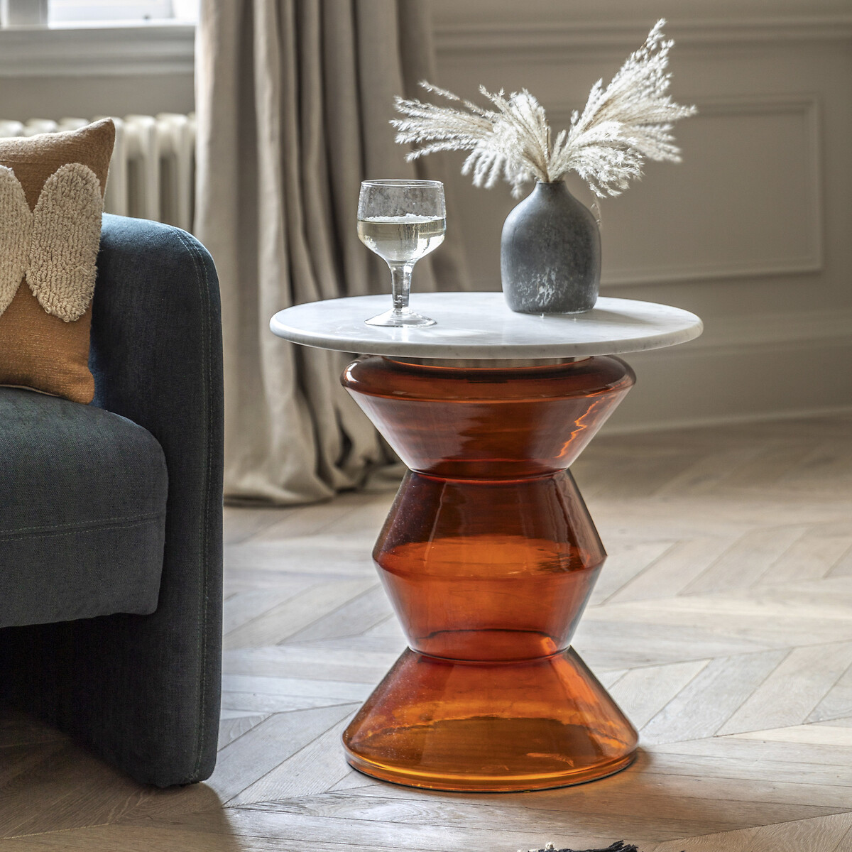 Temple Glass and Marble Pedestal Side Table orange, SO'HOME