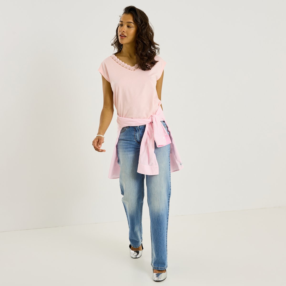 T-shirt uni col V ajouré rose, GRAIN DE MALICE