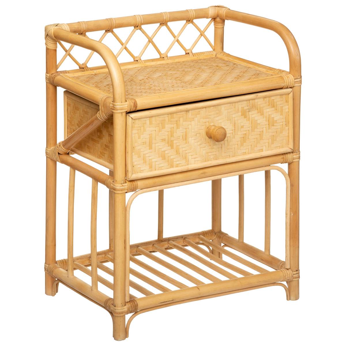 Table de chevet 1 tiroir 2 étagères rotin AONI beige, ATMOSPHERA
