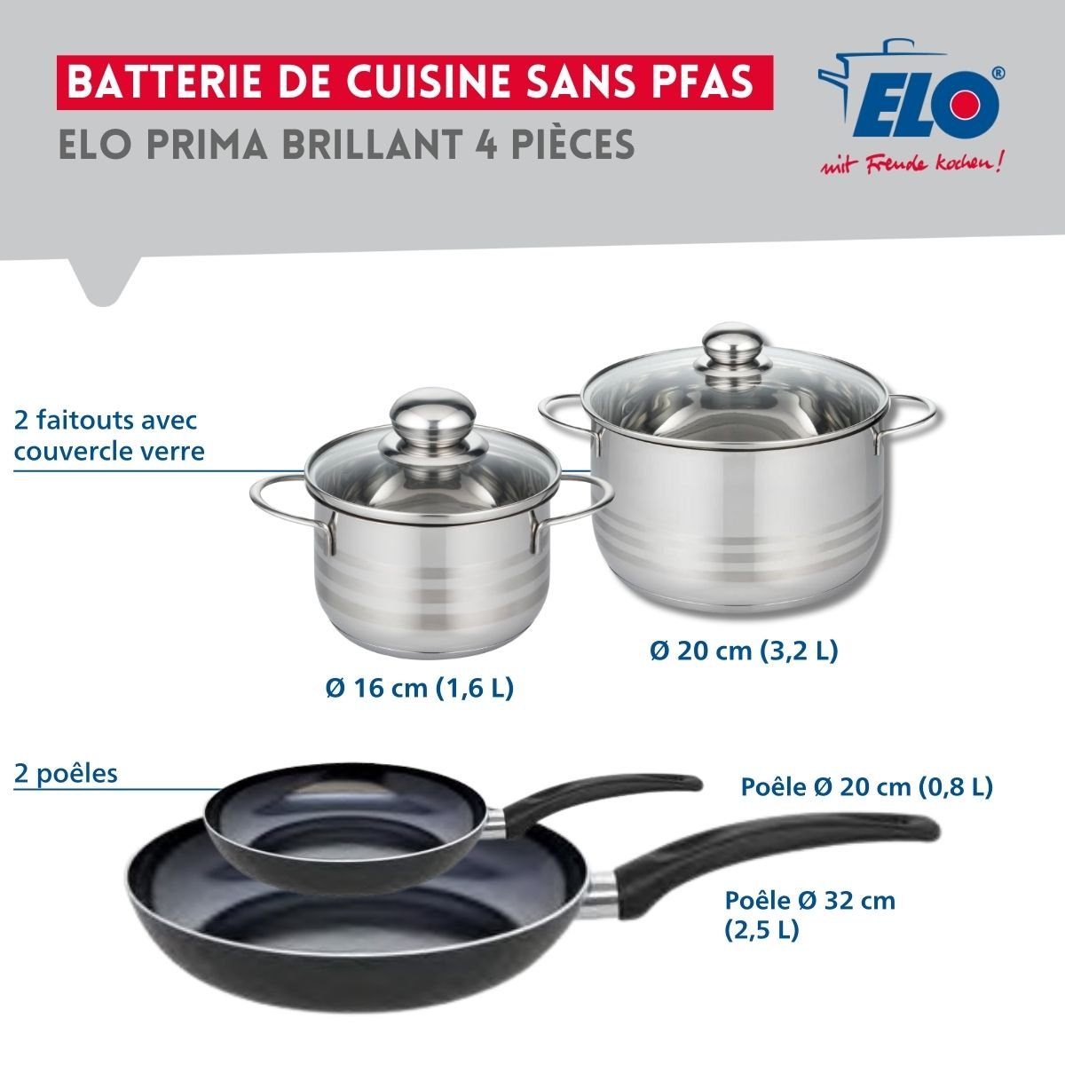 Batterie 2 poêles 20/32cm + 2 faitouts 16/20cm PRIMA BRILLANT noir, ELO