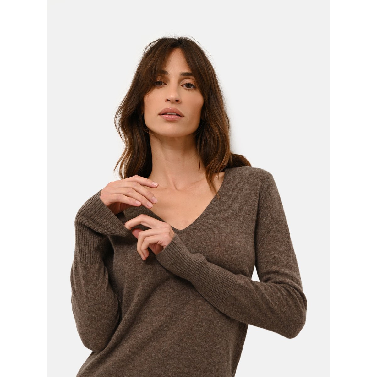 Robe Col V Sable Tracy marron, JUST CASHMERE