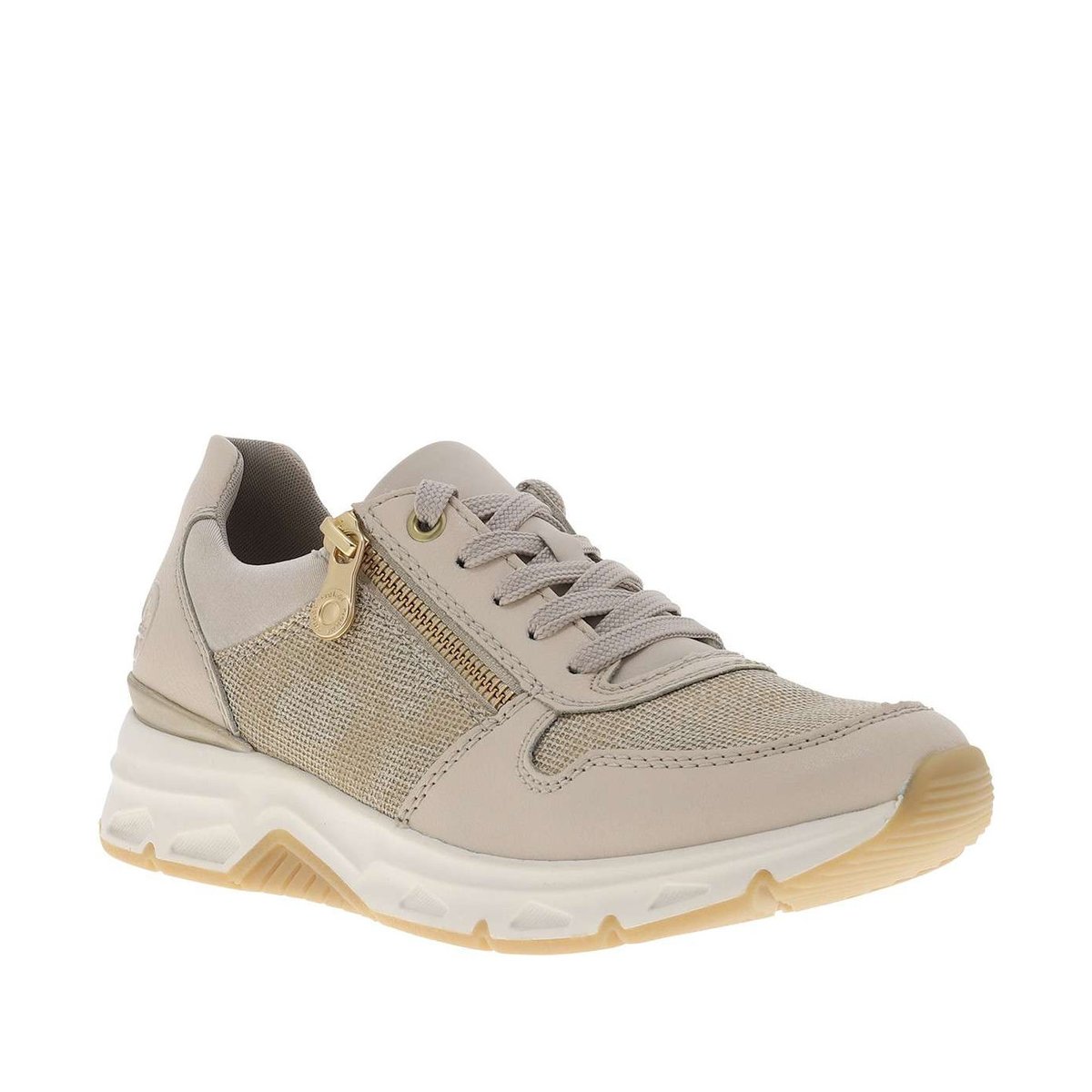 Baskets running en cuir beiges à talon plat avec des lacetes et un zip latéral beige, RIEKER