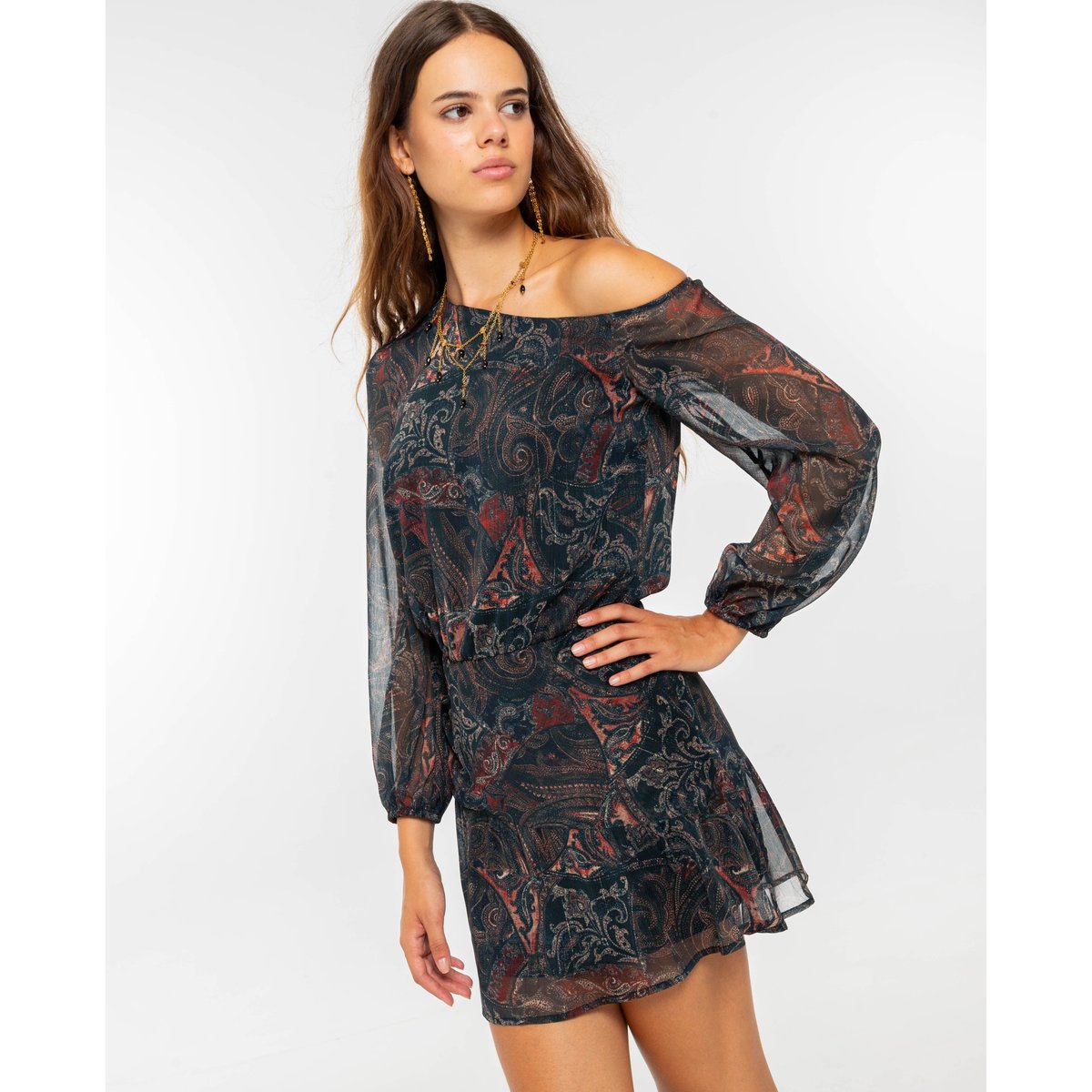 Robe courte imprimée bohème à décolleté asymétrique autre, THE-ARE