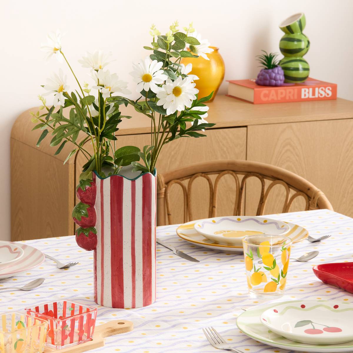 Vase rayé fraises en dolomite FRUITY multicolore, ATMOSPHERA